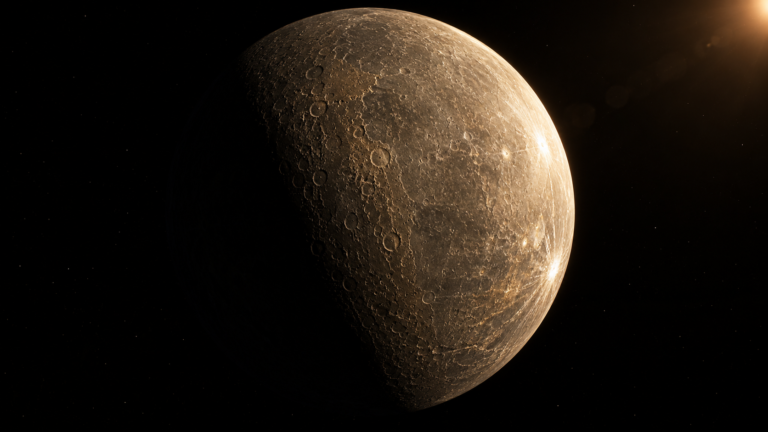 Cinematic view of Mercury showing its heavily cratered surface and extreme contrast between sunlight and darkness.