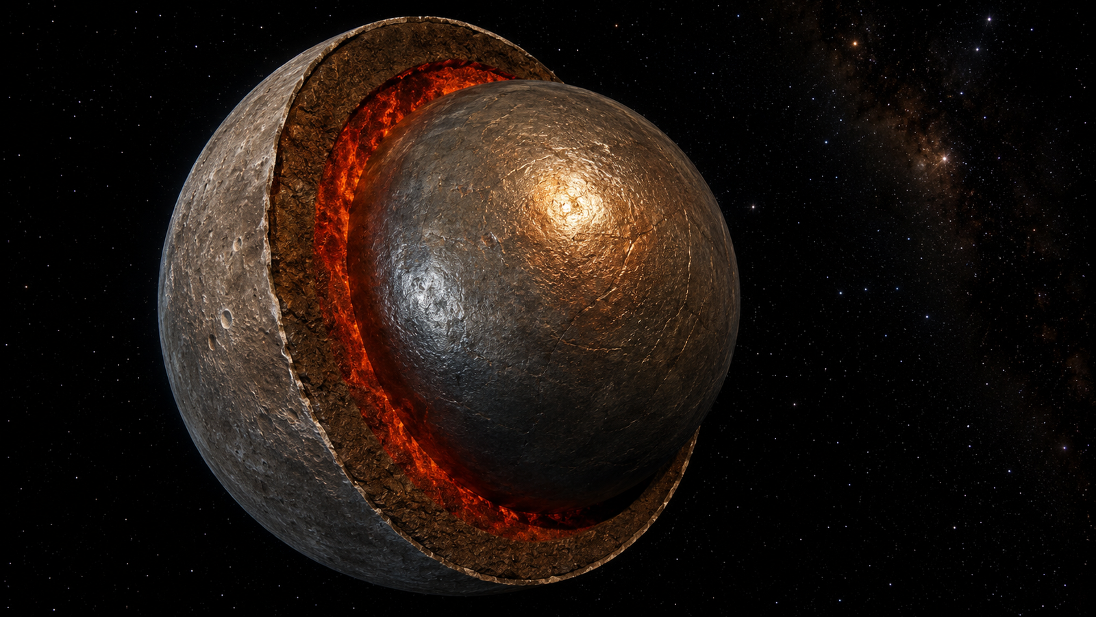 AI generated scientific cutaway showing Mercury's enormous metallic core and thin rocky outer layers