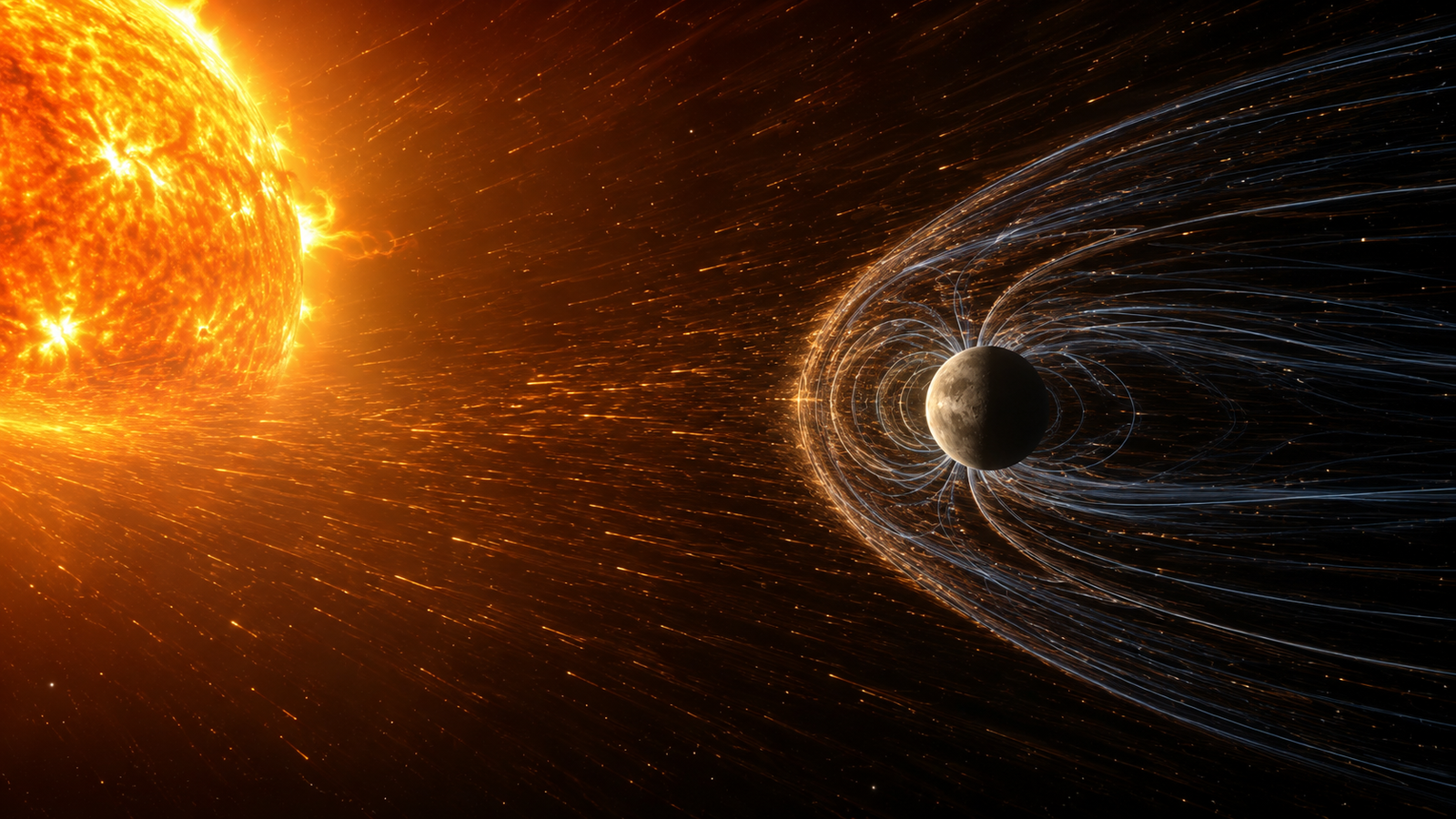 AI visualization of Mercury's magnetic field interacting with the solar wind