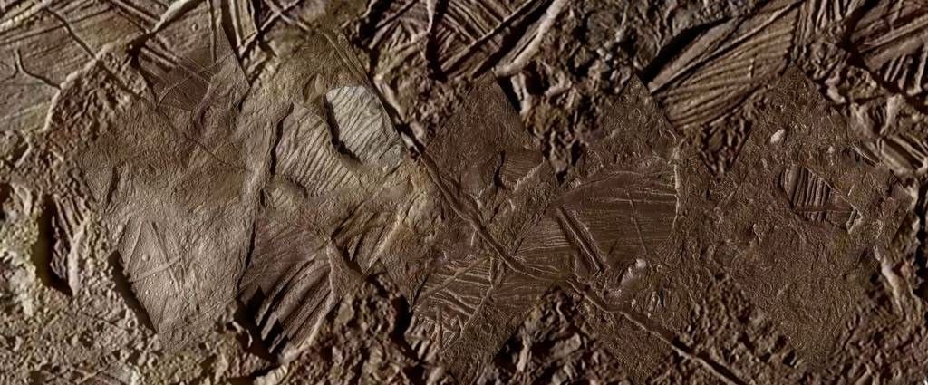 Europa's Hidden Ocean: 60 Miles of Ancient Mystery Close-up NASA image of Europa's fractured Conamara surface terrain, showing ice rafts that hint at what lies within Europa's hidden ocean