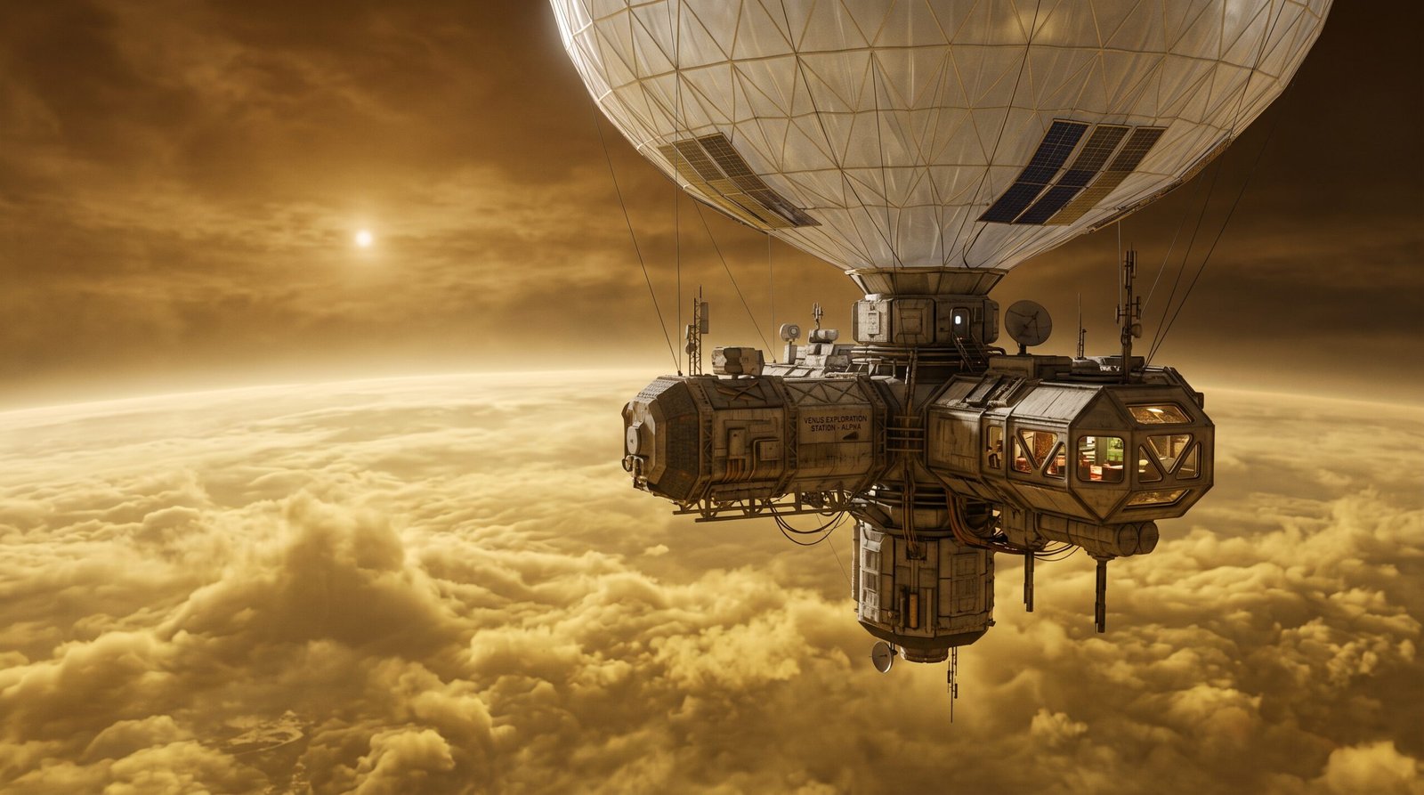 Conceptual floating habitat suspended in the upper atmosphere of Venus