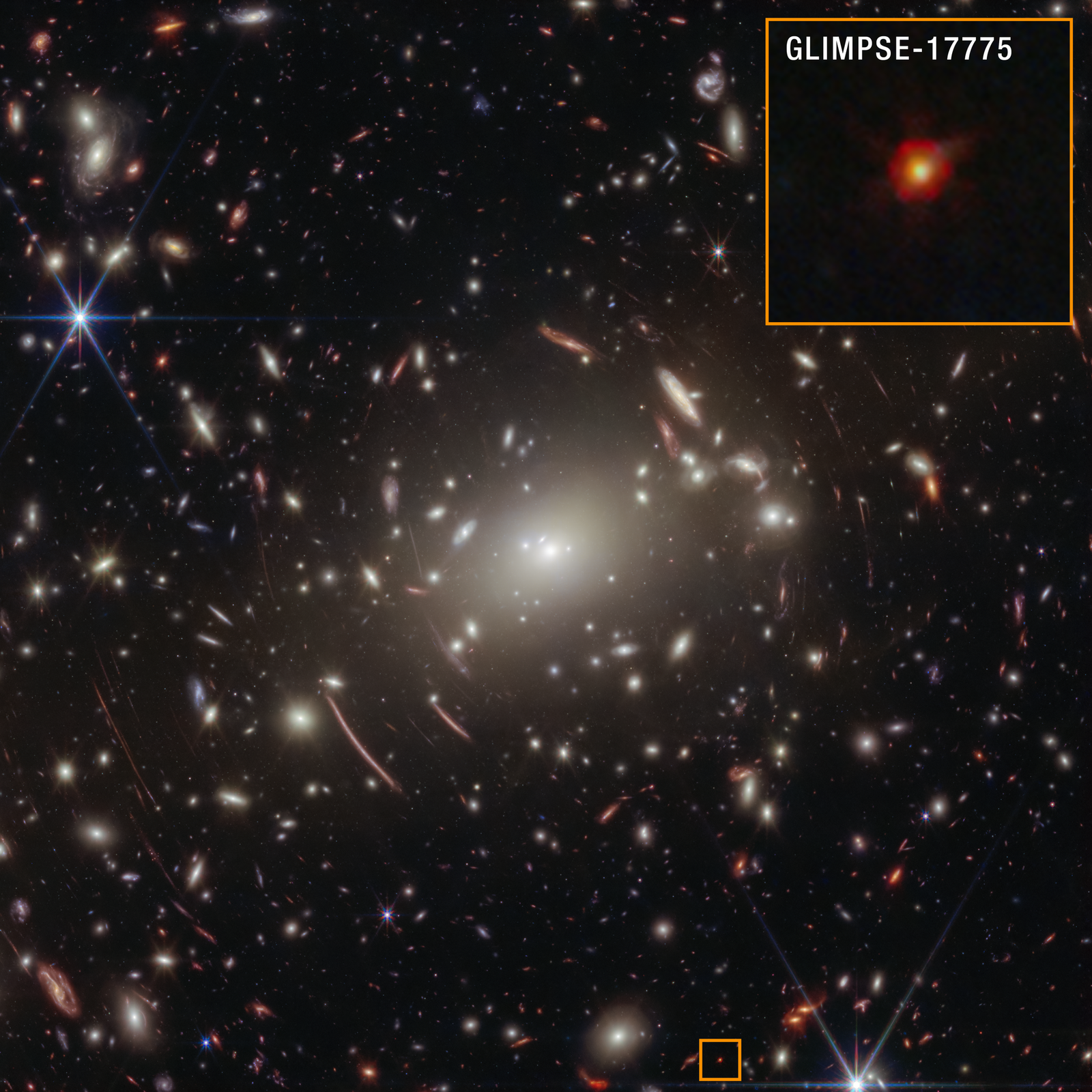 The GLIMPSE-17775 little red dot, an early black hole discovered by NASA's James Webb Space Telescope in the galaxy cluster Abell S1063, evidence of unexpectedly massive black holes in the early universe