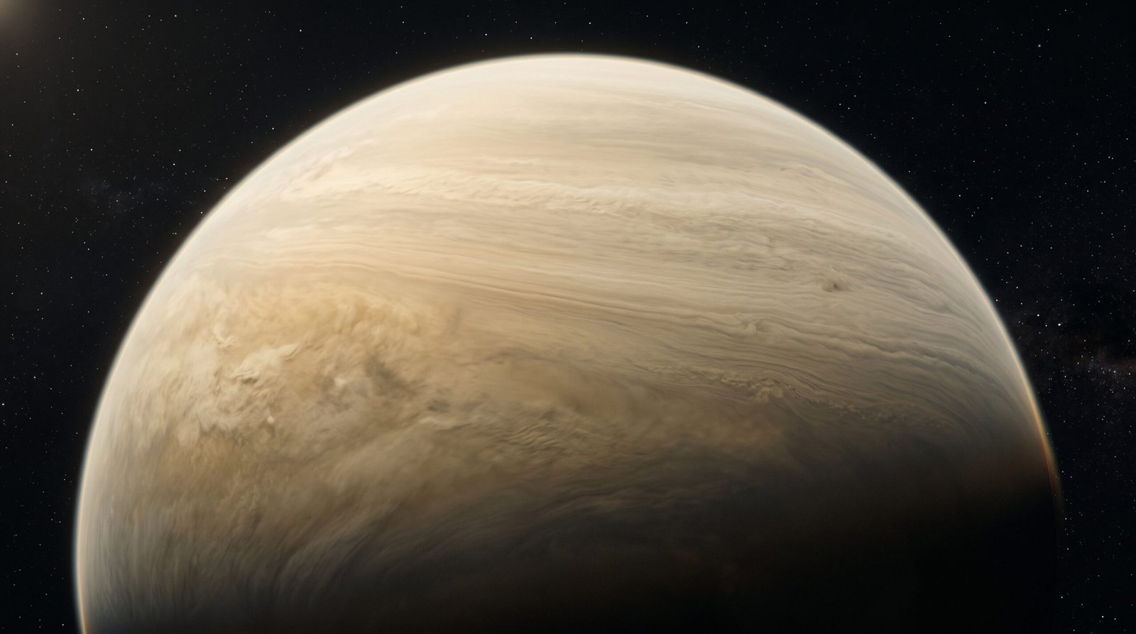 Venus surrounded by its dense carbon dioxide atmosphere trapping heat.