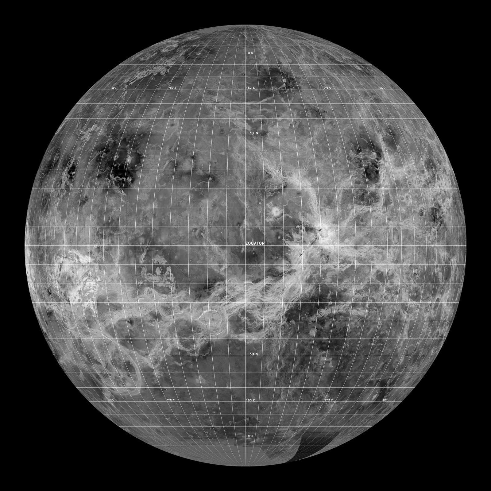 Global radar map of Venus's surface generated from NASA's Magellan spacecraft data, revealing volcanic plains, mountains, and highland regions hidden beneath the planet's clouds