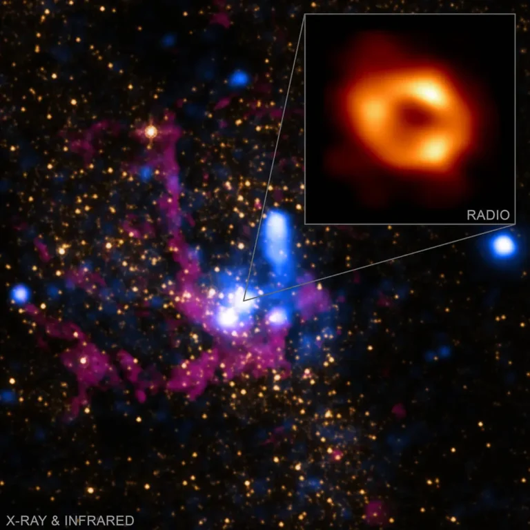 Sagittarius A*, the supermassive black hole at the center of the Milky Way, imaged by the Event Horizon Telescope alongside NASA's Chandra and Hubble telescopes