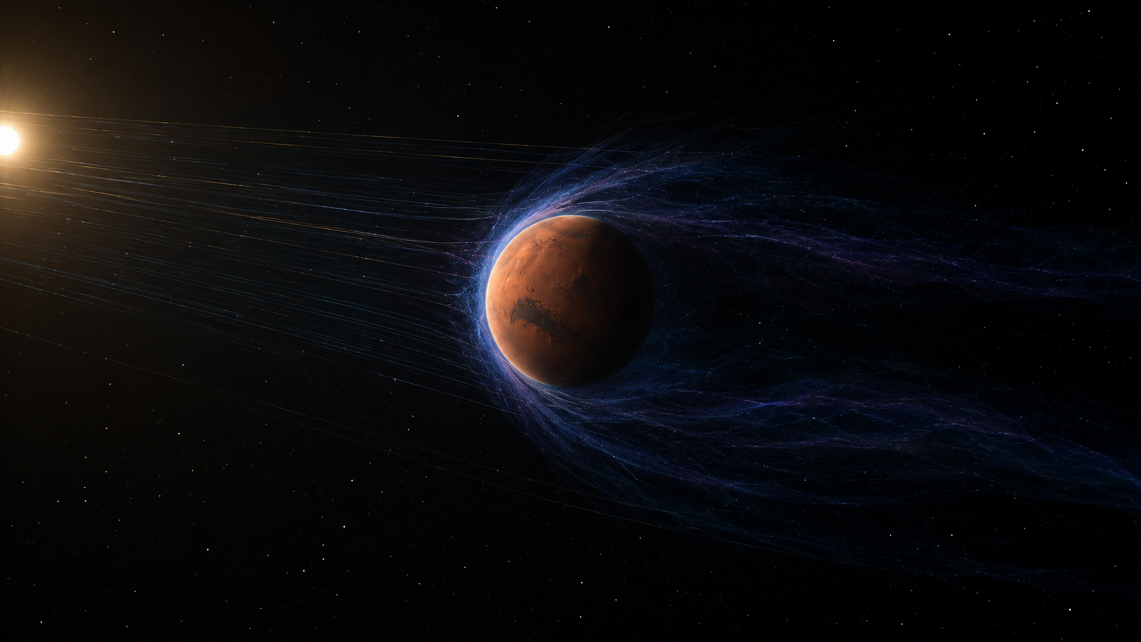 Mars: The Planet That Lost Its Oceans Visualization of solar wind particles stripping charged ions from Mars's thin upper atmosphere into space