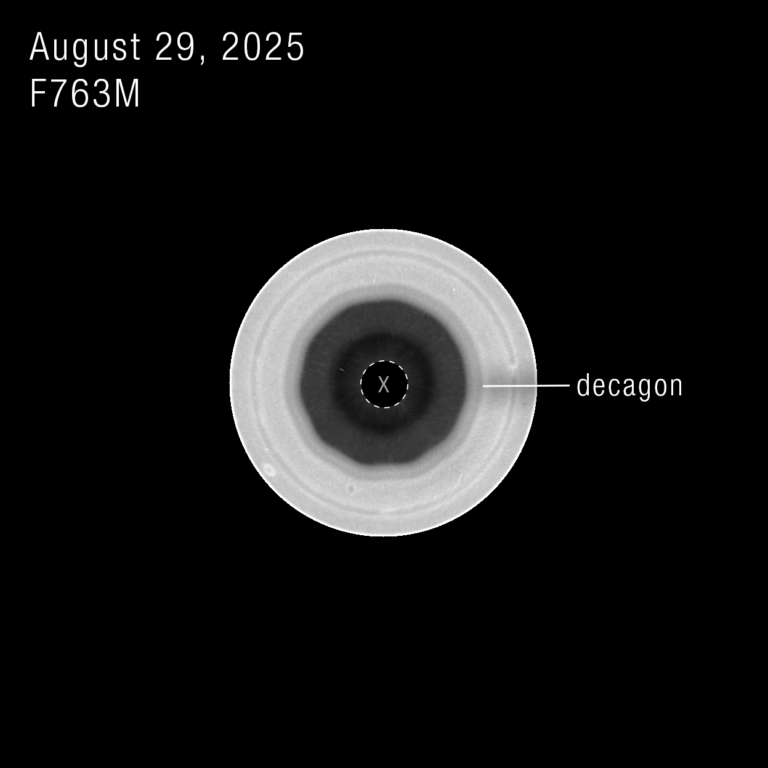 Saturn's Southern Pole Has Grown a Second Geometric Storm Saturn's south pole showing a newly discovered ten sided atmospheric wave captured by NASA's Hubble Space Telescope