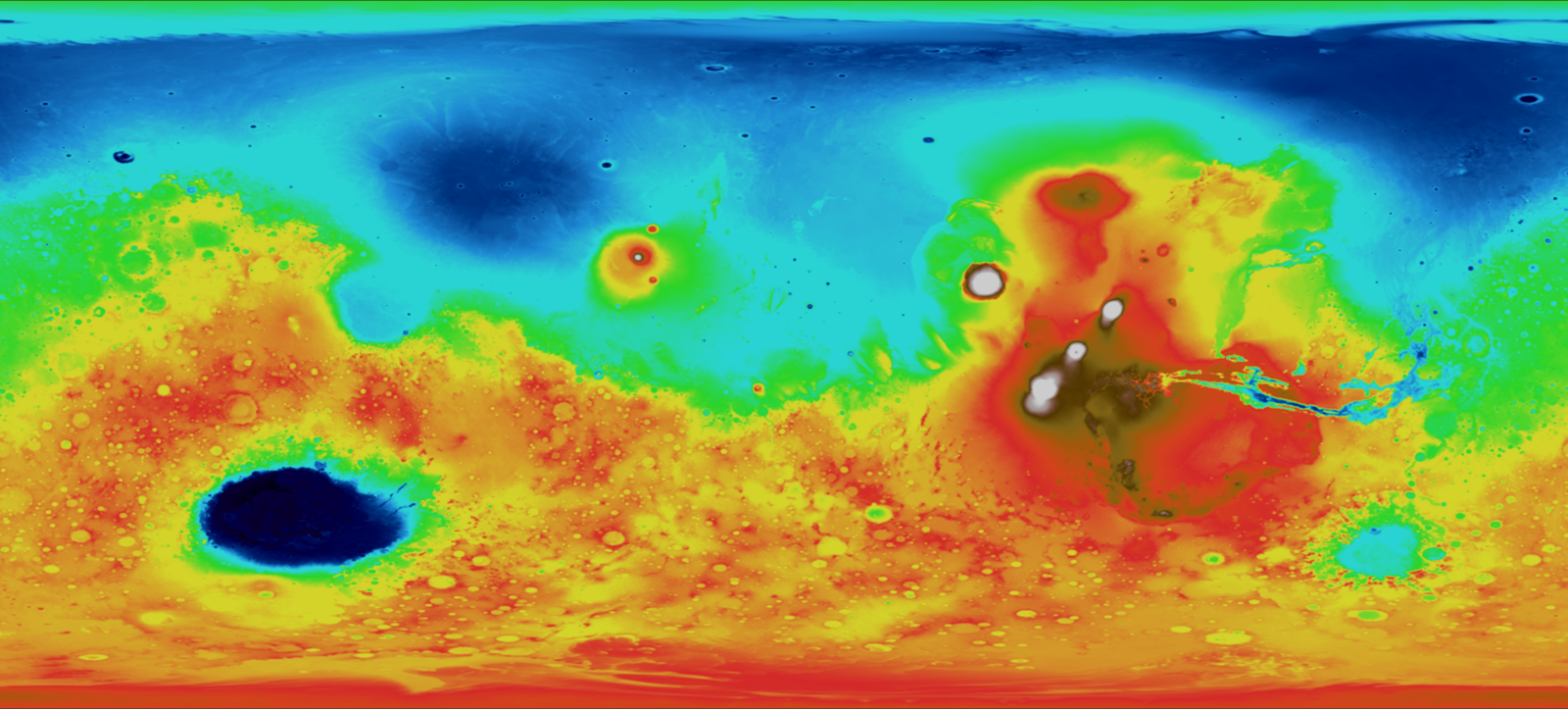Mars: The Planet That Lost Its Oceans Real NASA MOLA laser altimetry topographic map of Mars showing the elevated, cratered southern highlands in red and yellow contrasted against the smoother, lower northern plains in blue