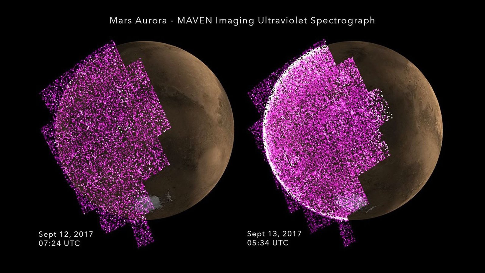 Mars: The Planet That Lost Its Oceans Real NASA MAVEN ultraviolet data image showing a bright aurora spreading across the night side of Mars during a solar storm, evidence of unshielded radiation striking the atmosphere