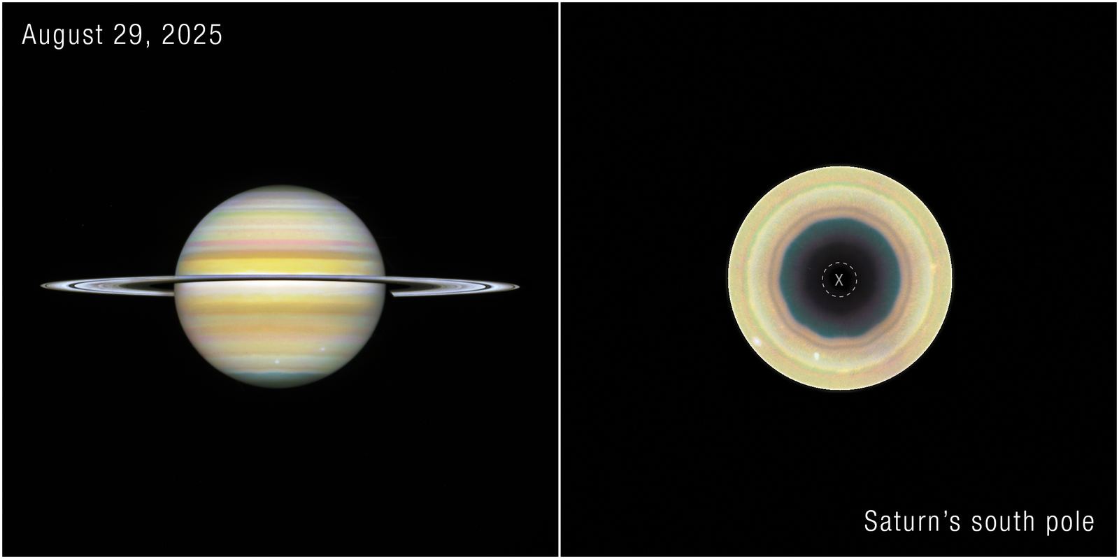 Side by side comparison of Saturn's northern hexagon and newly found southern decagon