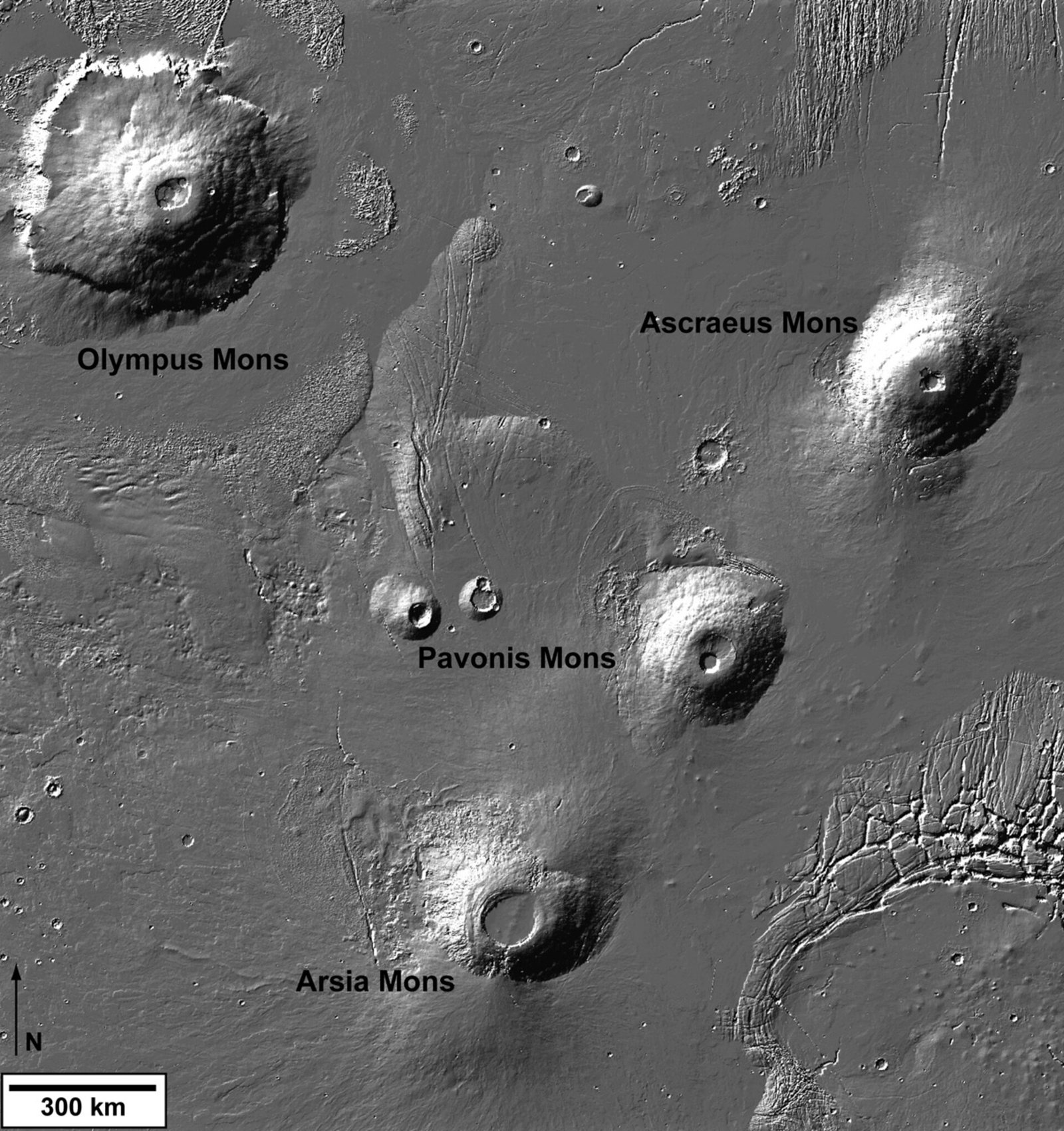 Mars: The Planet That Lost Its Oceans Real NASA Mars Global Surveyor photograph showing Olympus Mons and the three Tharsis Montes volcanoes rising above the Martian surface