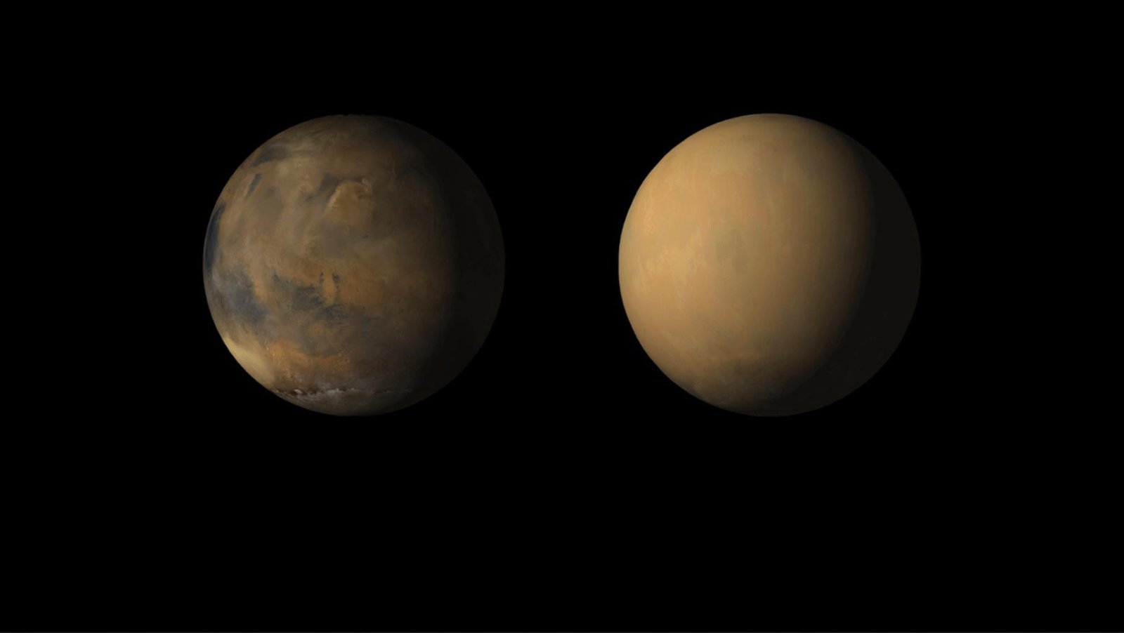 Mars: The Planet That Lost Its Oceans Real NASA before and after comparison showing the 2018 global dust storm spreading across Mars, obscuring surface features beneath a hazy tan atmosphere