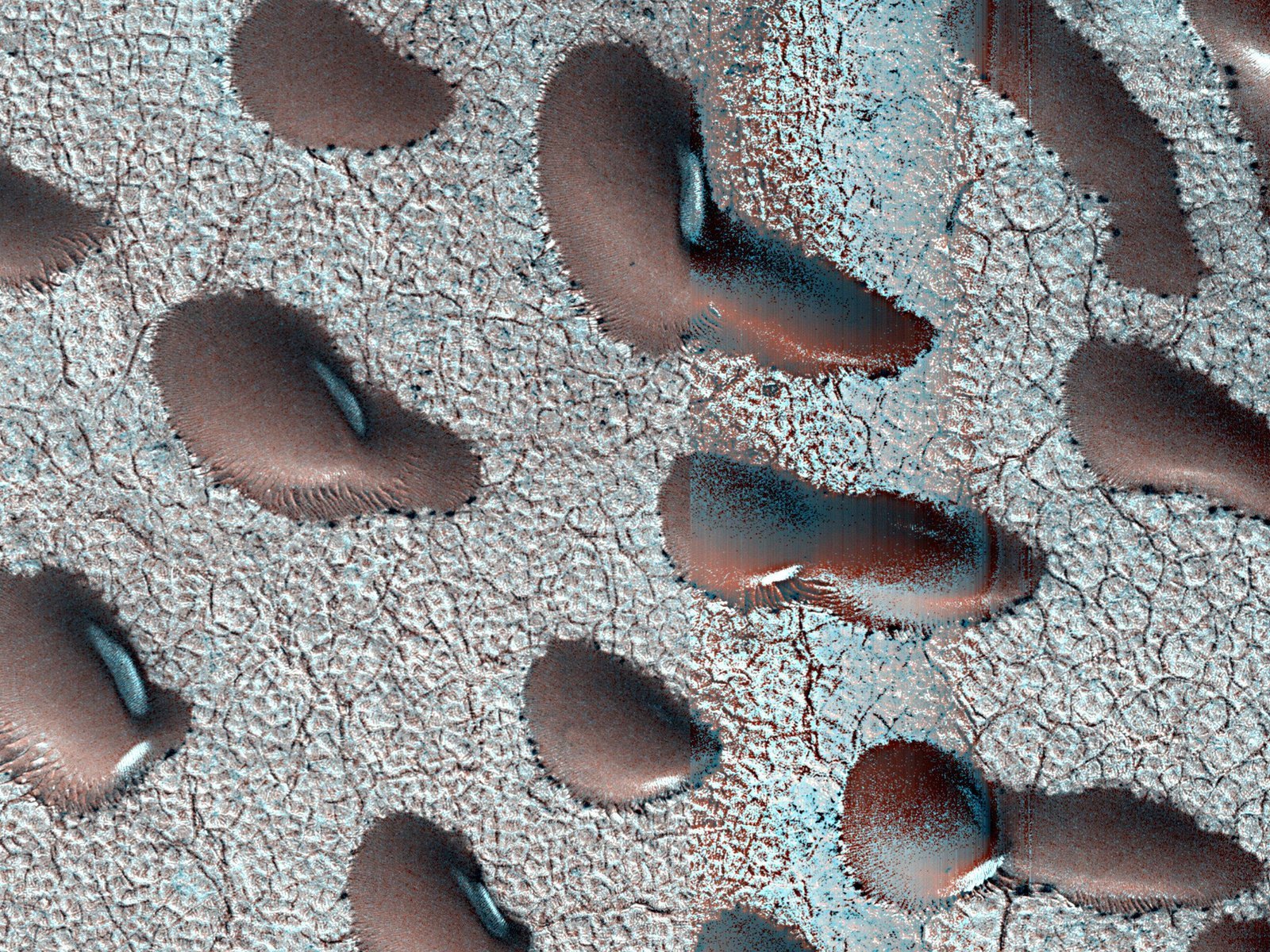 Mars: The Planet That Lost Its Oceans Real HiRISE photograph of frost dusted sand dunes on Mars, their surfaces rendered in vivid turquoise and copper tones under low angle sunlight
