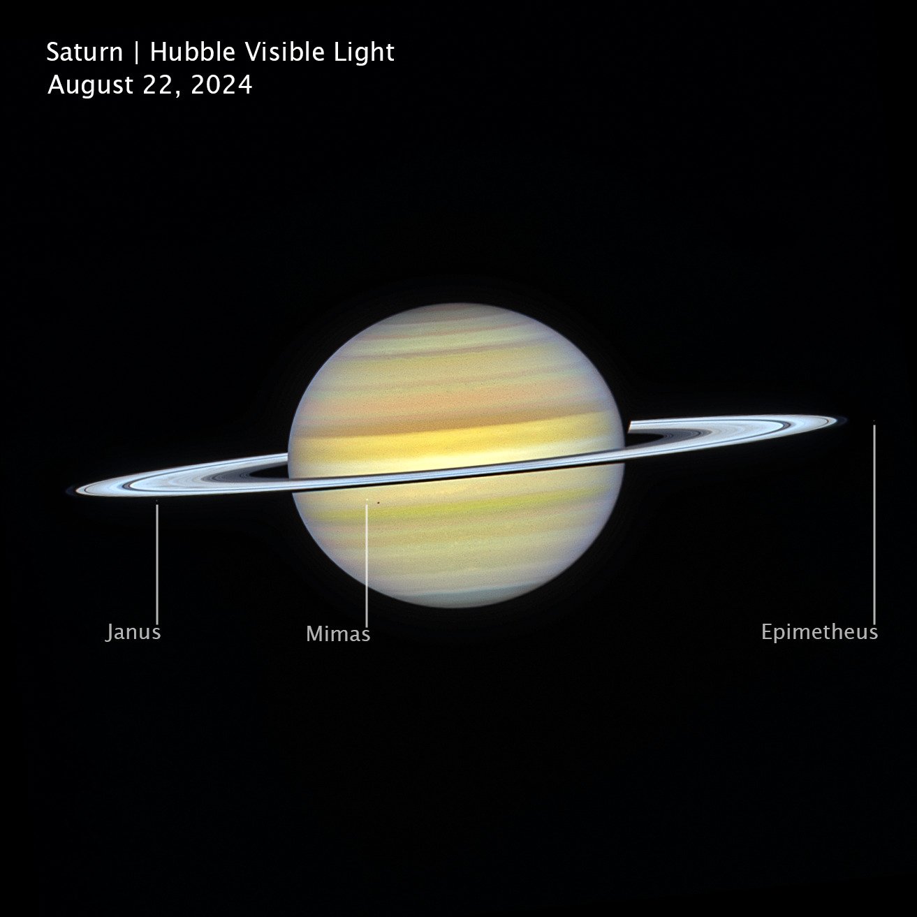 Full view of Saturn, its rings, and several of its moons captured by the Hubble Space Telescope