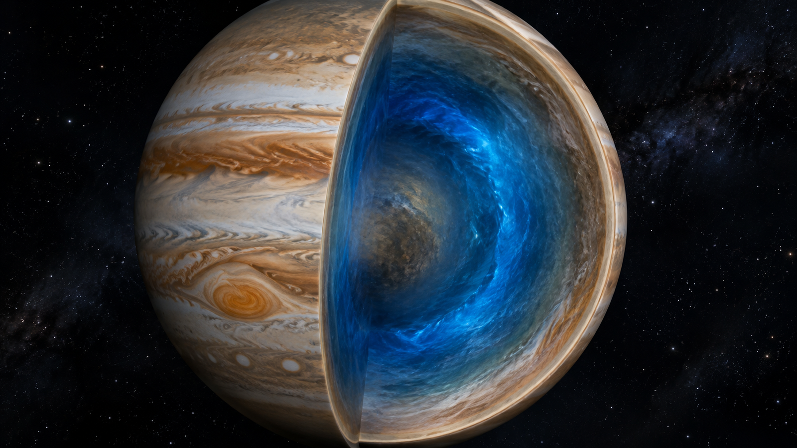 Jupiter: The Planet That Never Stopped Forming Artist's cutaway of Jupiter showing banded clouds and the Great Red Spot on the outside, a blue layer of liquid metallic hydrogen inside, and a diffuse core at the center