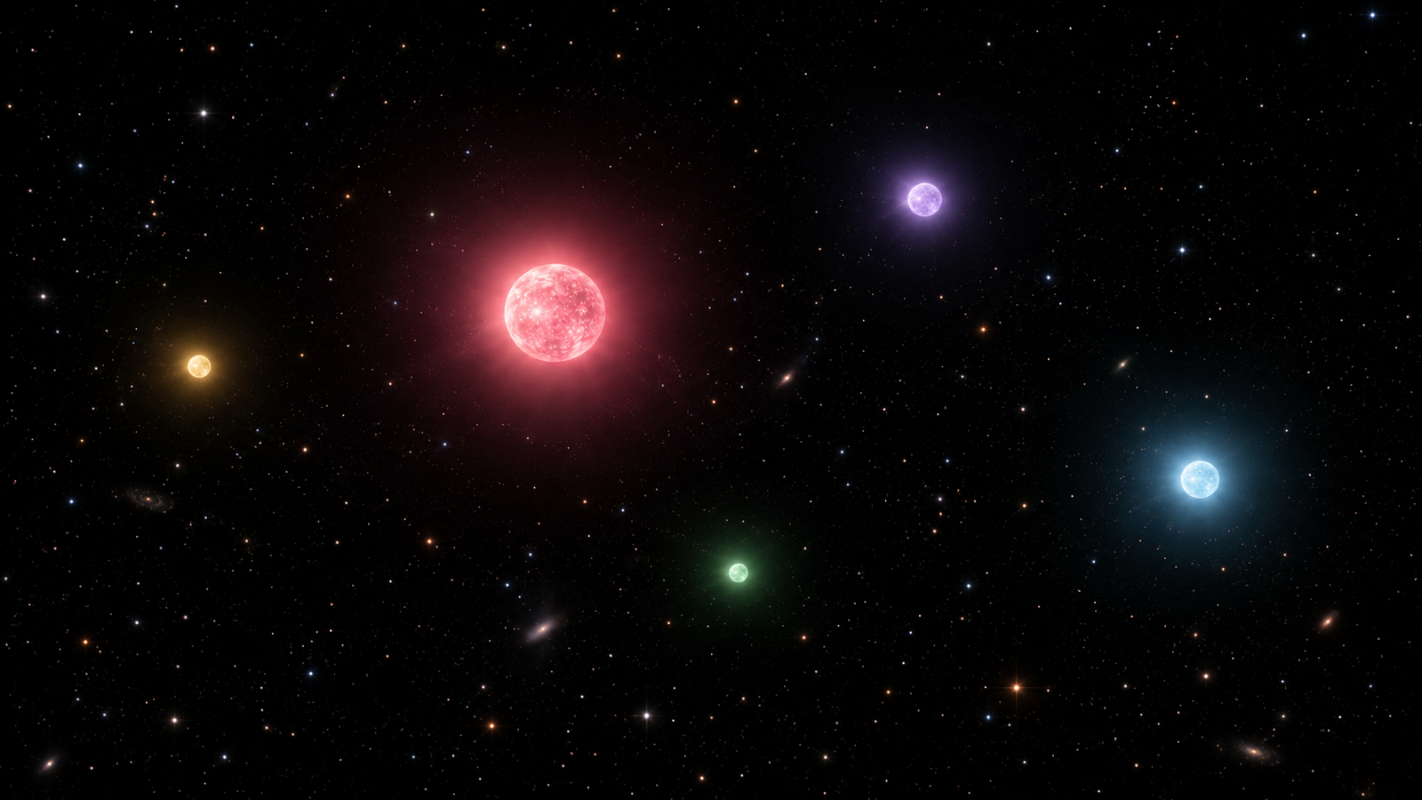 Astronomers Found a Pink Star 48 Light Years Away Scientifically inspired visualization of several white dwarf stars displaying pink purple cyan yellow and green colours