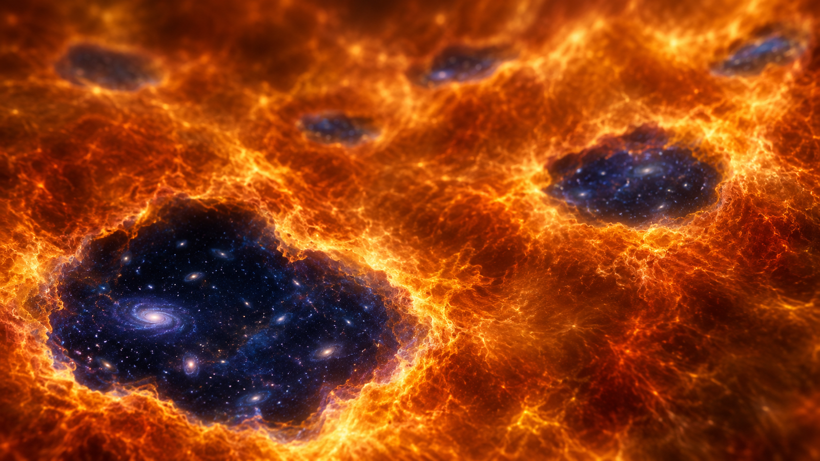 Artist concept of eternal inflation as a glowing amber field with calm blue pockets where inflation has stopped