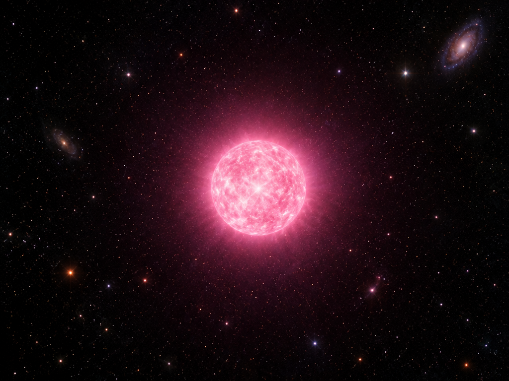 Astronomers Found a Pink Star 48 Light Years Away Artistic visualization of a bright pink white dwarf star surrounded by distant stars and galaxies in space